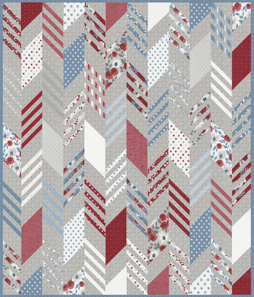 Modern Herringbone 4th of July quilt by Lella Boutique. Make it with fat quarters and a honeybun. Fabric is Old Glory by Lella Boutique for Moda Fabrics. Download the PDF here.