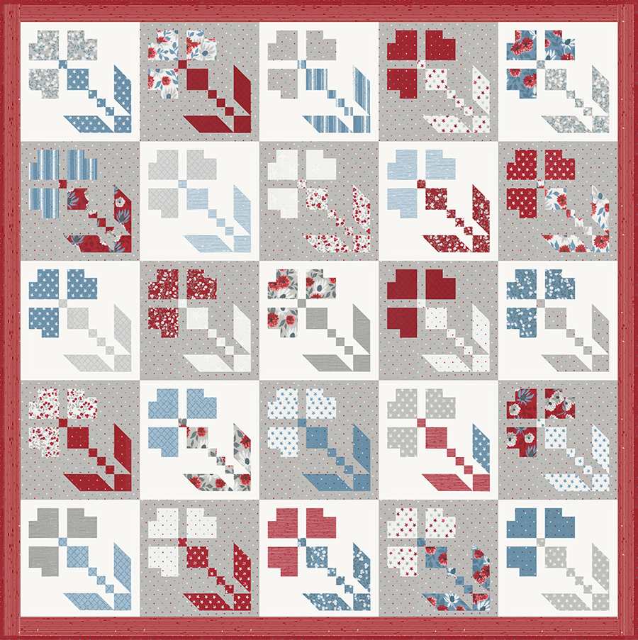 Red White & Bloom flower quilt by Lella Boutique. Fat eighth friendly 4th of July quilt. Fabric is Old Glory by Lella Boutique for Moda Fabrics. Arrives to shops Feb 2024. Download the PDF here.