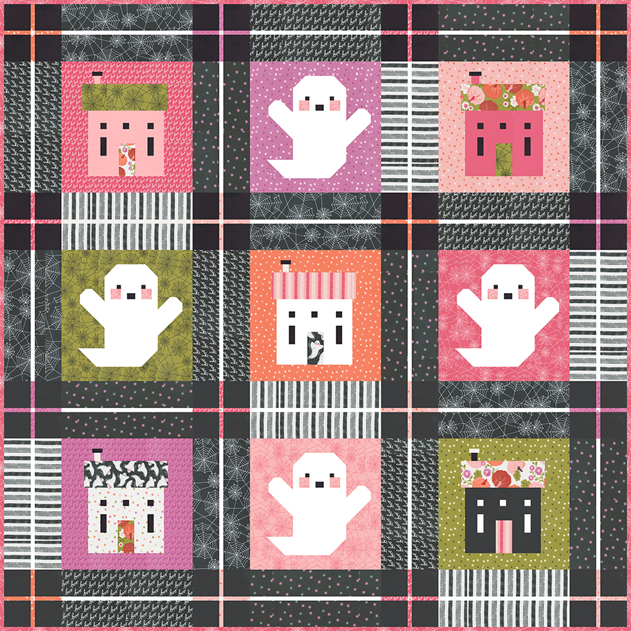 Ghost Town Halloween quilt by Vanessa Goertzen of Lella Boutique. Friendly ghost and haunted house quilt blocks in Hey Boo fabric by Lella Boutique for Moda Fabrics (arriving April 2024). Download the PDF here.
