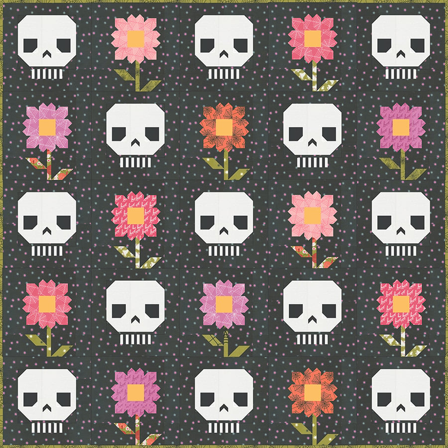 Pushing Up Daisies skull and flower Halloween quilt by Vanessa Goertzen of Lella Boutique. Would make a great Dia de los Muertos quilt in Hey Boo fabric by Lella Boutique for Moda Fabrics (arriving to shops April 2024). Download the PDF here!