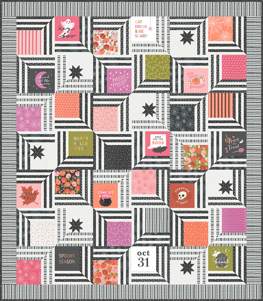 The Web - Halloween quilt of a modern spider web using the Hey Boo fabric panel, a Layer Cake, and your favorite charcoal prints. Fabric is Hey Boo by Lella Boutique for Moda Fabrics shipping to shops April 2024. Download the PDF here!