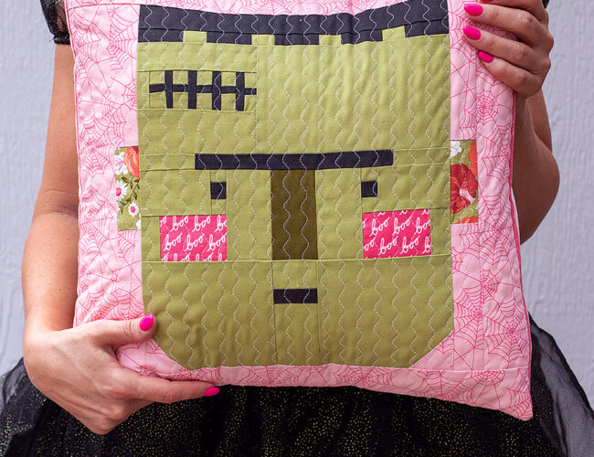 Frank pillow pattern - sweet Frankenstein monster quilt block in Hey Boo fabric by Lella Boutique for Moda Fabrics (April 2024). Download the PDF pattern here!