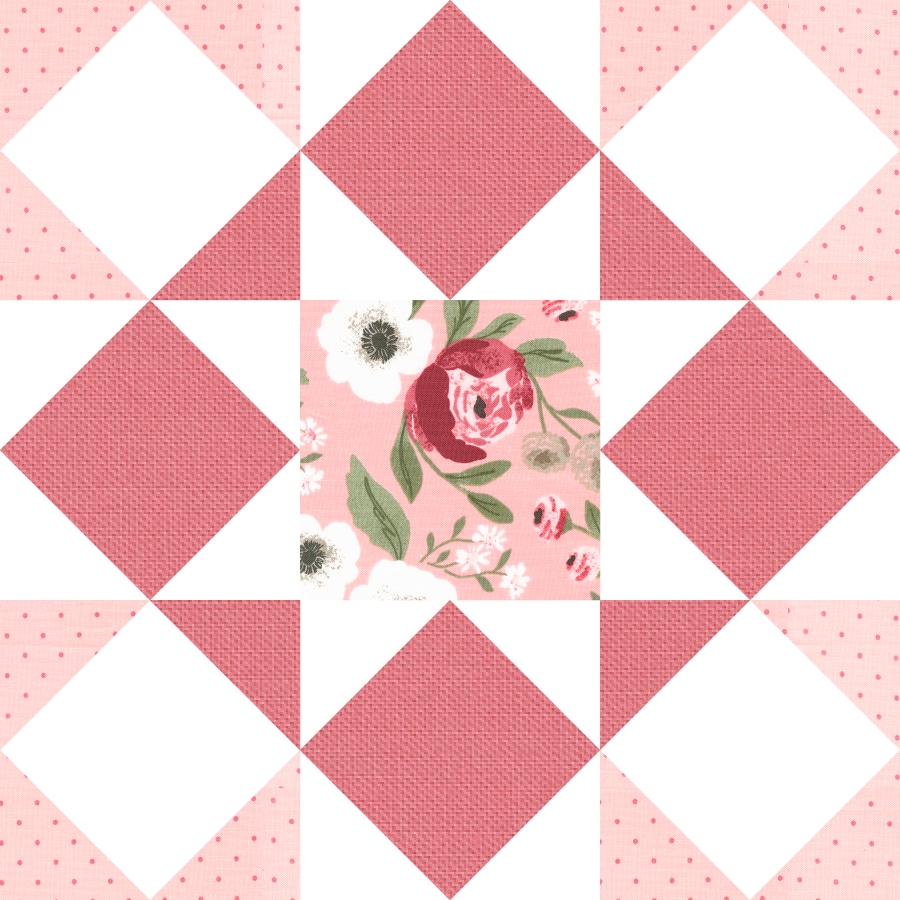 Moda Blockheads 5 Group 2 Block 7 "Star Bloom" in Lovestruck fabric by Lella Boutique for Moda Fabrics. Download the free pattern here!