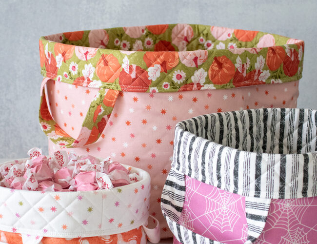 Olivia's Basket pattern by Kaitlyn Howell of Knot and Thread Designs. Cute as a big candy basket or trick or treat bags in Hey Boo by Lella Boutique for Moda Fabrics.