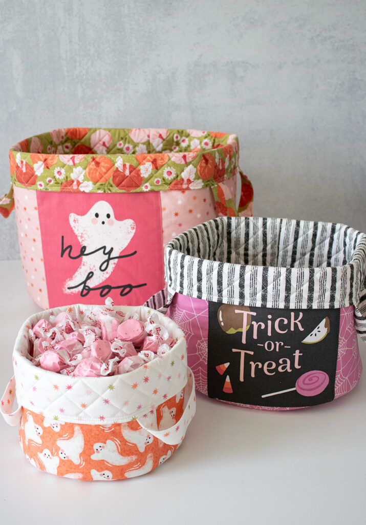 Olivia's Basket pattern by Kaitlyn Howell of Knot and Thread Designs. Cute as a big candy basket or trick or treat bags in Hey Boo by Lella Boutique for Moda Fabrics.