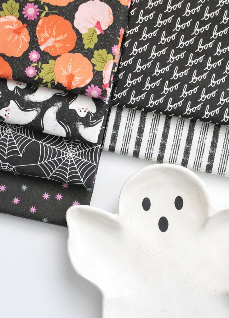 Hey Boo Halloween fabric by Lella Boutique for Moda Fabrics. Arriving to shops April 2024.