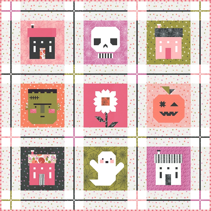 Monster Mash Halloween quilt sampler in Hey Boo fabric by Lella Boutique for Moda Fabrics. 