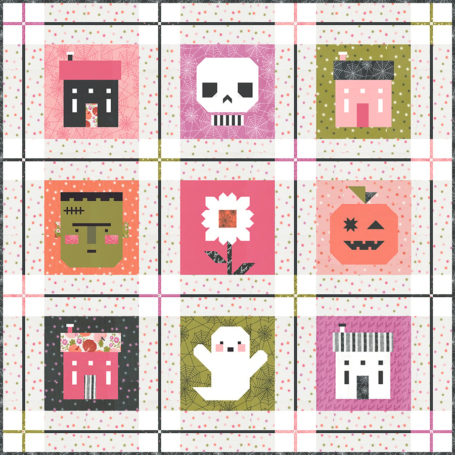 the Monster Mash sampler quilt by Lella Boutique. Cute Halloween block of the month with haunted house, skull, Frankenstein, pumpkin, ghost, and haunted daisy patchwork blocks. Fabric is Hey Boo by Lella Boutique for Moda Fabrics (April 2024). Quilt Along begins in May!