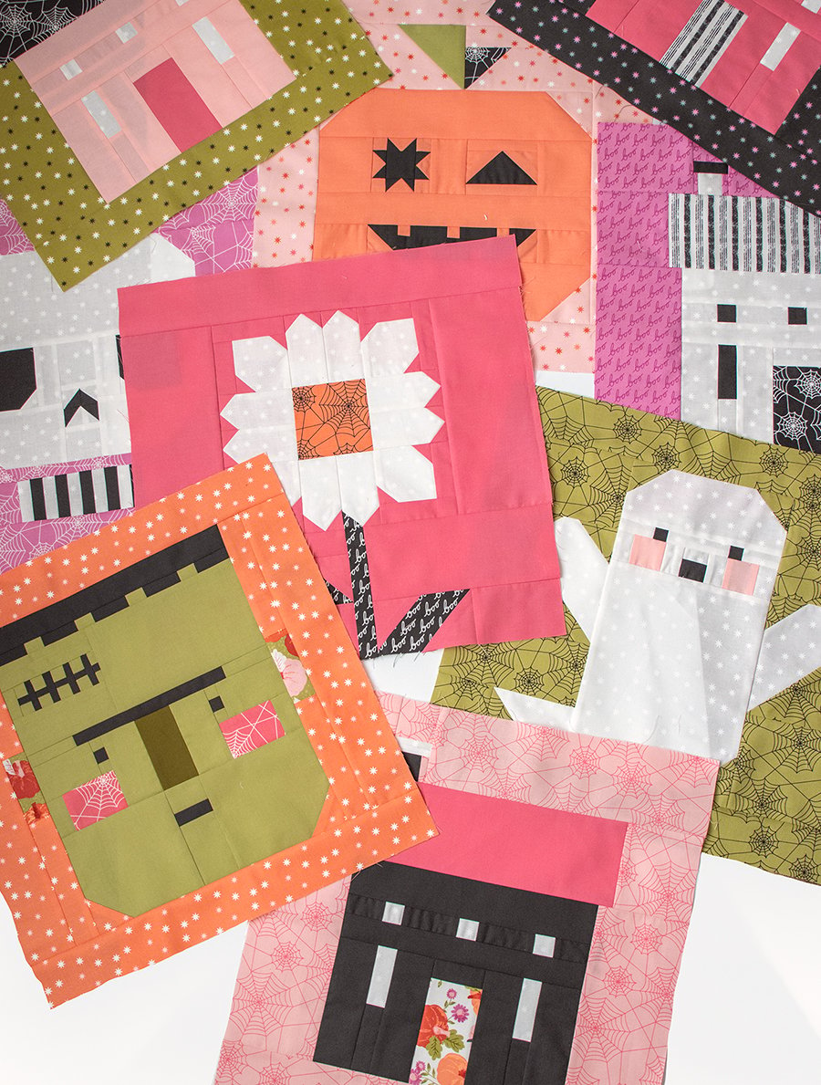 the Monster Mash sampler quilt by Lella Boutique. Cute Halloween block of the month with haunted house, skull, Frankenstein, pumpkin, ghost, and haunted daisy patchwork blocks. Fabric is Hey Boo by Lella Boutique for Moda Fabrics (April 2024). Quilt Along begins in May!