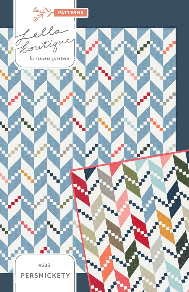 "Persnickety" scrappy herringbone quilt in Magic Dot fabric by Lella Boutique for Moda Fabrics. Make it scrappy with a layer cake or use a charm pack for a simplified version. Download the PDF here!