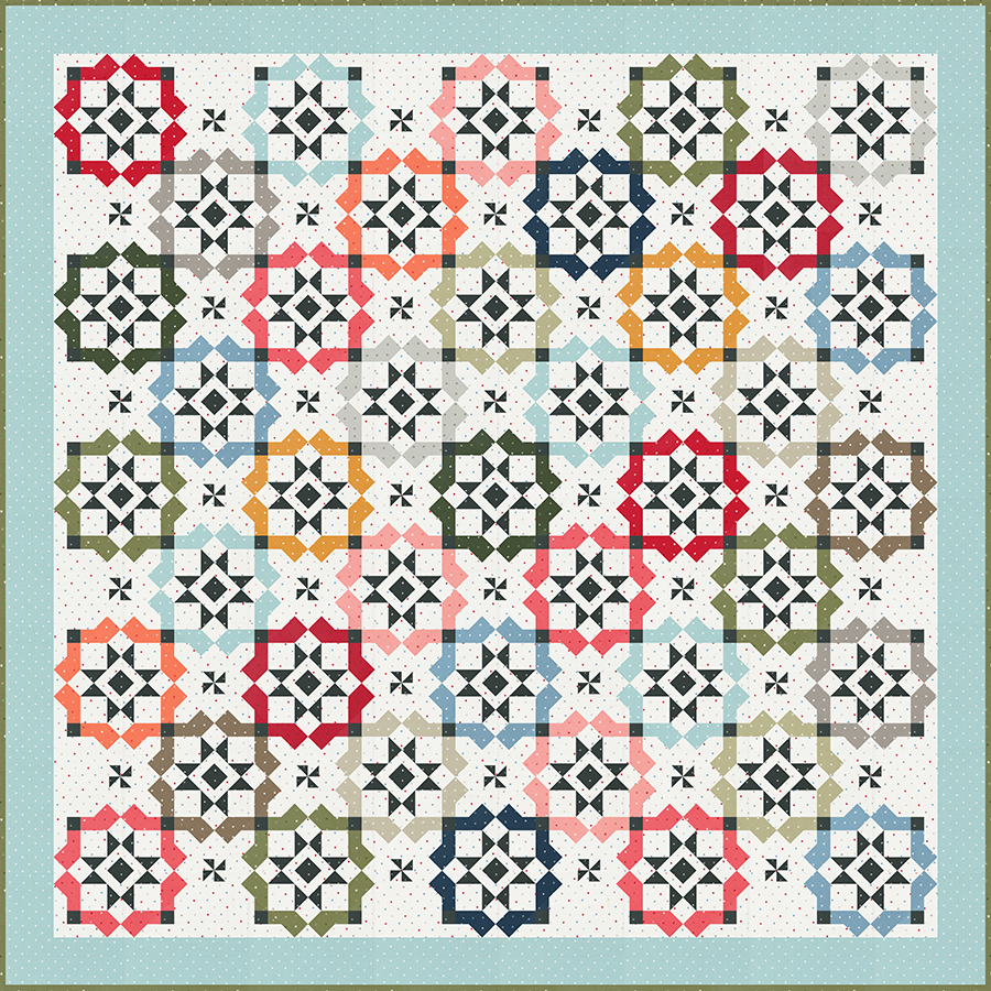 "Glam Squad" overlapping tile quilt in Magic Dot fabric by Lella Boutique for Moda Fabrics. Make it with a dessert roll or fat eighths.