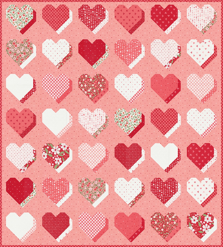 "Beloved" 3D quilt in Love Blooms fabric by Lella Boutique for Moda Fabrics. Make it with a Layer Cake or fat eighths. Download the PDF here!