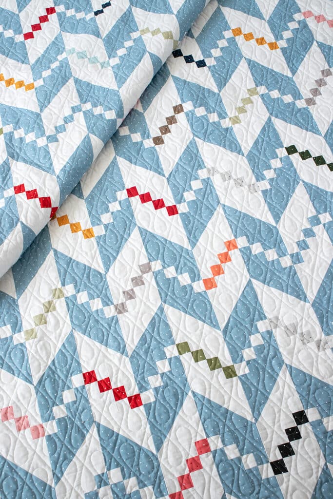 Persnickety knit herringbone quilt pattern in Magic Dot fabric by Lella Boutique for Moda Fabrics. Make it with a 
Layer Cake or charm packs. Download the PDF here!
