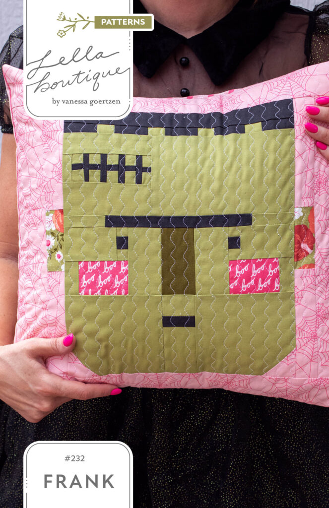 Frank pillow pattern - sweet Frankenstein monster quilt block in Hey Boo fabric by Lella Boutique for Moda Fabrics (April 2024). Download the PDF pattern here!