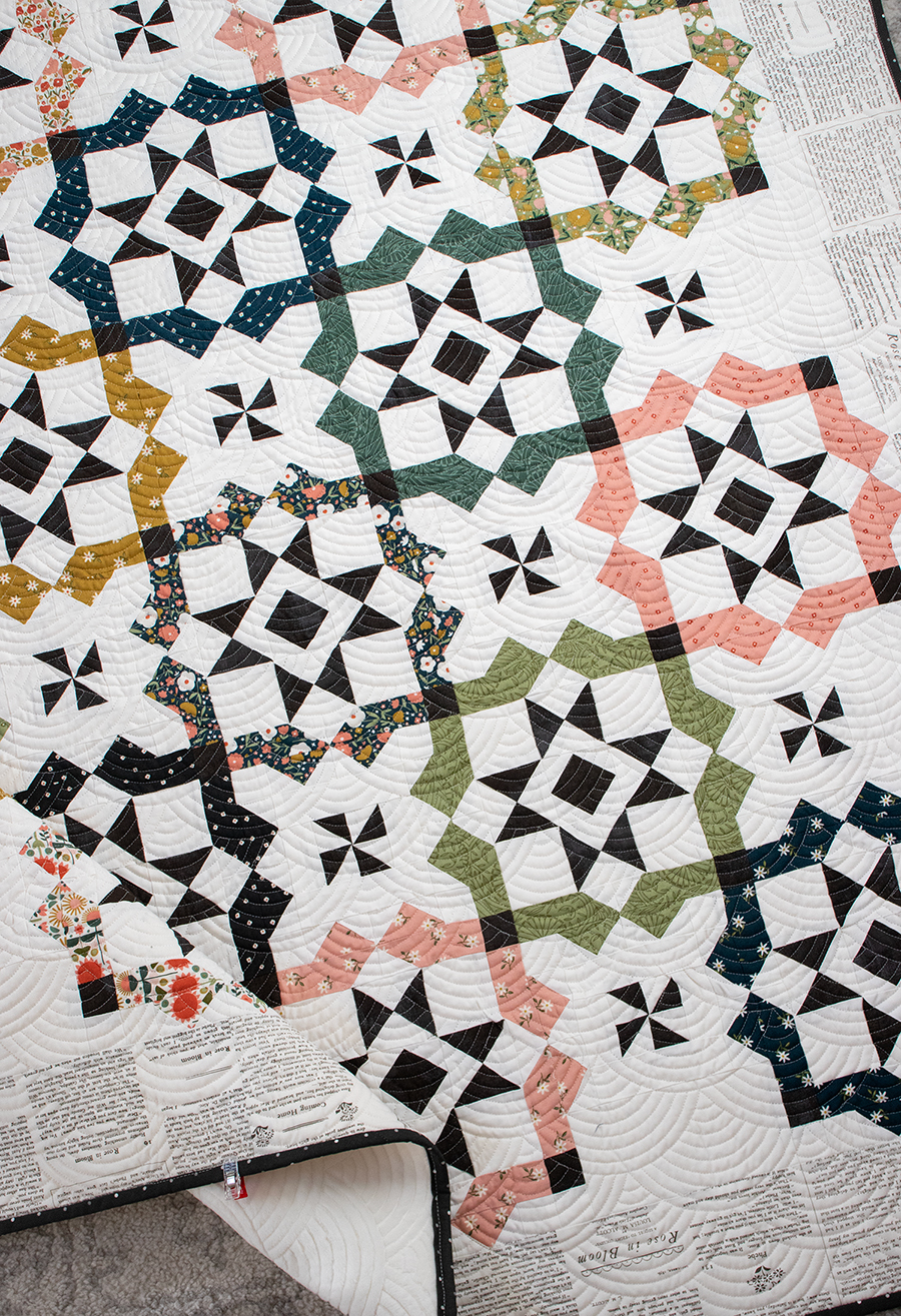 "Glam Squad" geometric tile quilt by Lella Boutique. Stunning tile quilt design made with fat eighths. Fabric is "Imaginary Flowers" by Gingiber for Moda Fabrics. Download the PDF here!