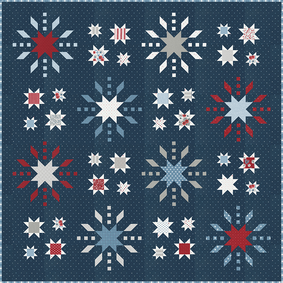 "Grand Finale" fireworks quilt in Old Glory fabric by Lella Boutique. Navy fabric is Magic Dot by Lella Boutique for Moda Fabrics.