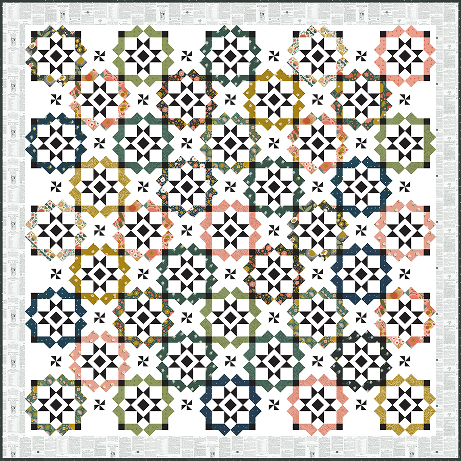 "Glam Squad" geometric tile quilt by Lella Boutique. Stunning tile quilt design made with fat eighths. Fabric is "Imaginary Flowers" by Gingiber for Moda Fabrics. Download the PDF here!