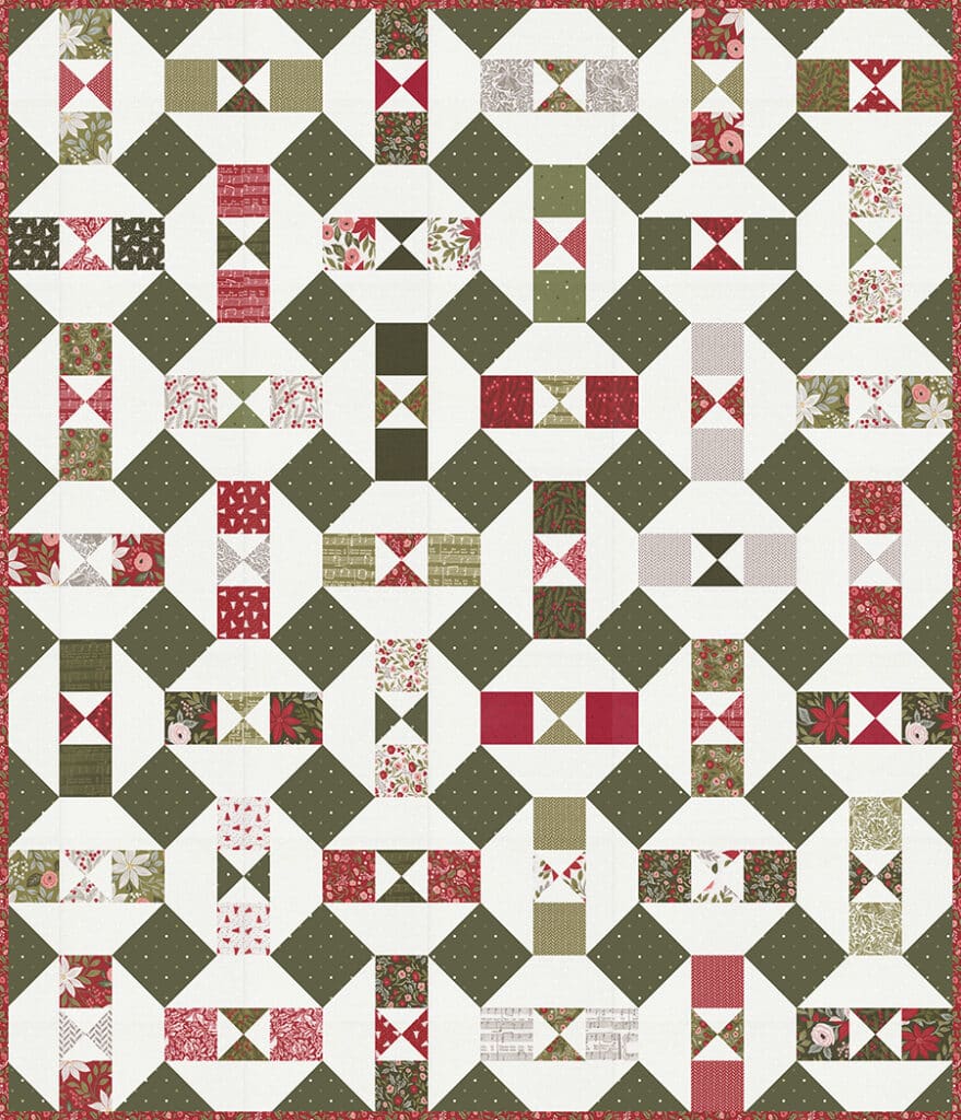 The "Somersault" charm pack quilt from the Charm School book by Vanessa Goertzen of Lella Boutique. Looks like a Christmas ornament quilt In Berry & Pine fabric.