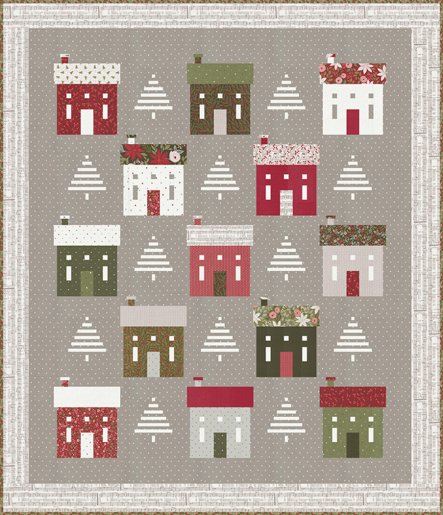 "Holiday House" Christmas neighborhood quilt with simple tree blocks. Fabric is Berry & Pine by Lella Boutique for Moda Fabrics. Download the PDF here!