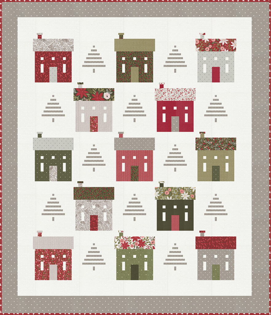 "Holiday House" Christmas neighborhood quilt with simple tree blocks. Fabric is Berry & Pine by Lella Boutique for Moda Fabrics. Download the PDF here!