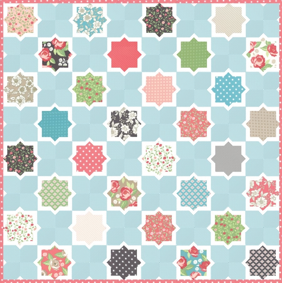 Hubba Hubba geometric tile quilt in Bloomington fabric by Lella Boutique. Cute layer cake quilt