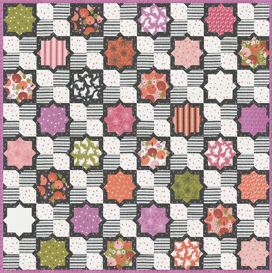 Hubba Hubba tile quilt in Hey Boo fabric by Lella Boutique. Make it extra scrappy by splitting the background between two prints.