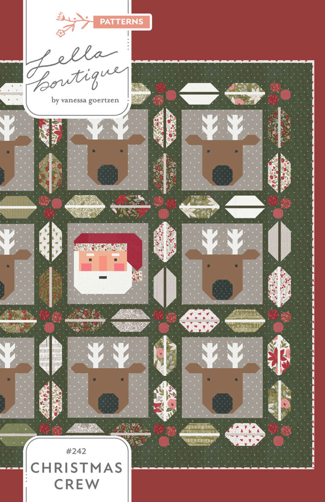 "Christmas Crew" Santa and reindeer quilt in Berry & Pine fabric by Lella Boutique. The holly and berry sashing is Jelly Roll friendly too. Download the PDF here.