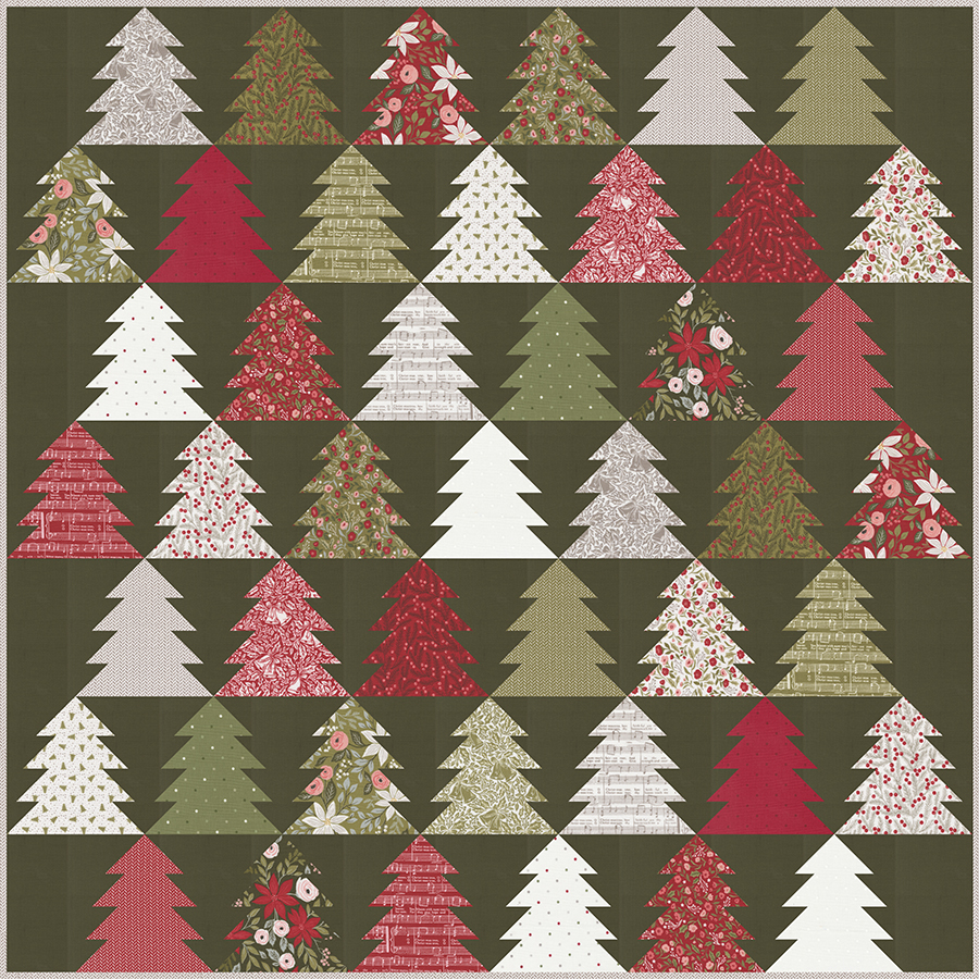 "Fir Tree Lane" geometric Christmas tree quilt. Make it with fat quarters or fat eighths. Fabric is Berry & Pine by Lella Boutique for Moda Fabrics. Download the PDF here!