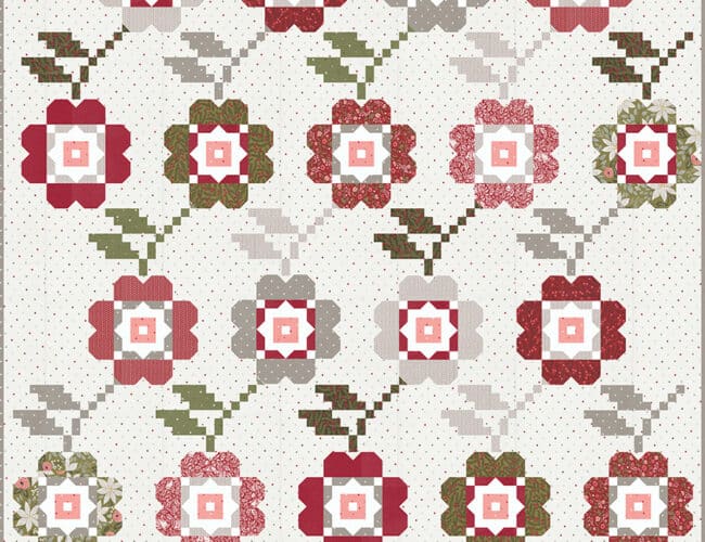 "Bloomers" flower quilt inspired by cross stitch blooms. Fabric is Berry & Pine by Lella Boutique (May 2025). Download the PDF here!