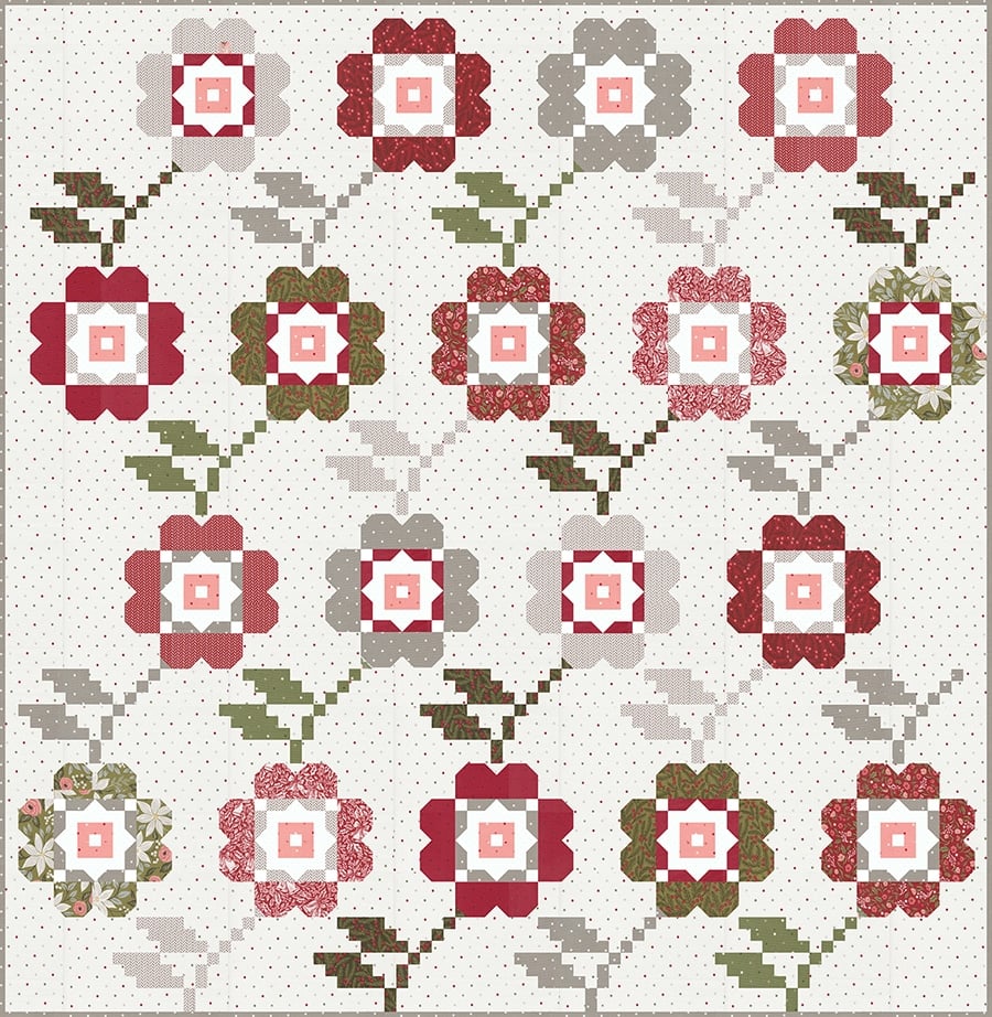 "Bloomers" flower quilt inspired by cross stitch blooms. Fabric is Berry & Pine by Lella Boutique (May 2025). Download the PDF here!