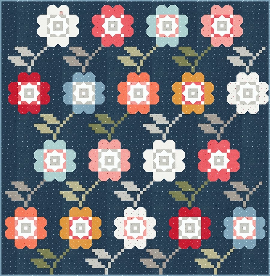 "Bloomers" flower quilt inspired by cross stitch blooms. Fabric is Magic Dot by Lella Boutique. Download the PDF here!