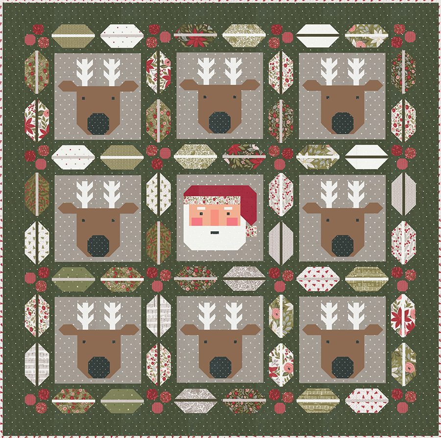 "Christmas Crew" Santa and reindeer quilt with cute holly and berry sashing by Lella Boutique. Jelly Roll friendly, fabric is Berry & Pine by Lella Boutique for Moda Fabrics (May 2025). Download the PDF here!