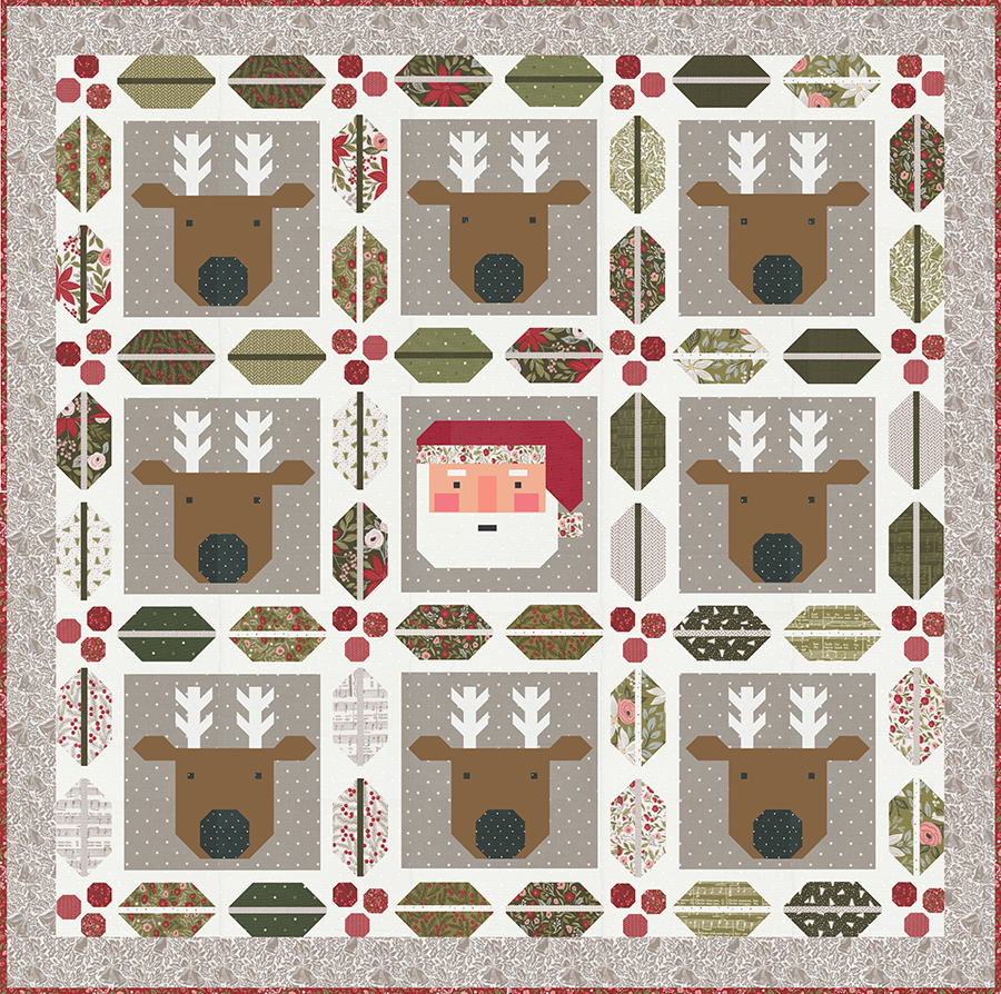 "Christmas Crew" Santa and reindeer quilt with cute holly and berry sashing by Lella Boutique. Jelly Roll friendly, fabric is Berry & Pine by Lella Boutique for Moda Fabrics (May 2025). Download the PDF here!