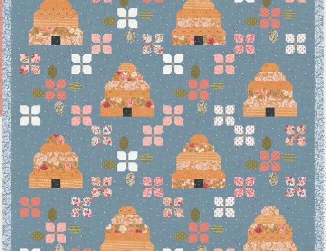 Bloom & Buzz beehive flower quilt by Lella Boutique. Jelly Roll friendly - fabric is Wild Honey by Lella Boutique for Moda Fabrics (Nov 2025). Download the PDF here!