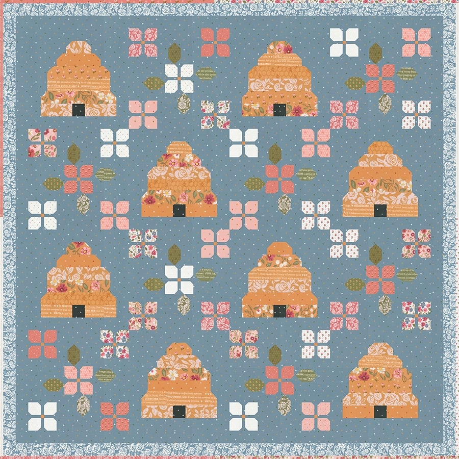 Bloom & Buzz beehive flower quilt by Lella Boutique. Jelly Roll friendly - fabric is Wild Honey by Lella Boutique for Moda Fabrics (Nov 2025). Download the PDF here!