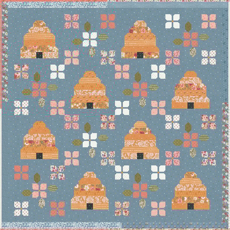 Bloom & Buzz beehive flower quilt by Lella Boutique. Jelly Roll friendly - fabric is Wild Honey by Lella Boutique for Moda Fabrics (Nov 2025). Download the PDF here!