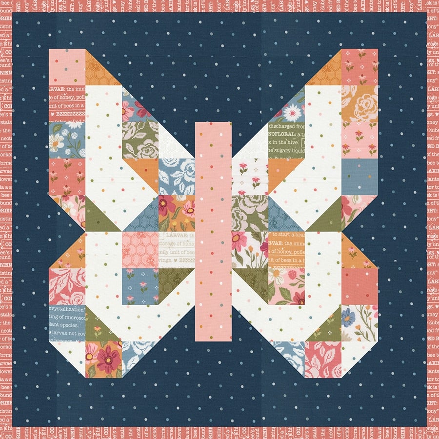 "Mini Charmed" scrappy butterfly mini quilt in Wild Honey Fabric. Make it with a mini charm pack. Download the PDF here!