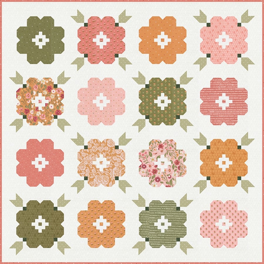 "Vintage Blooms" flower quilt in Wild Honey fabric by Lella Boutique. Fat quarter friendly -