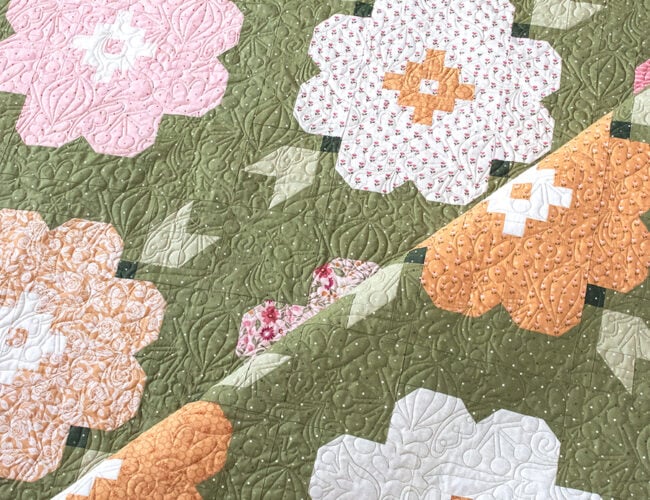 "Vintage Blooms" flower quilt by Lella Boutique. Fat quarter friendly. Fabric is Wild Honey by Lella Boutique for Moda Fabrics. Download the PDF here.