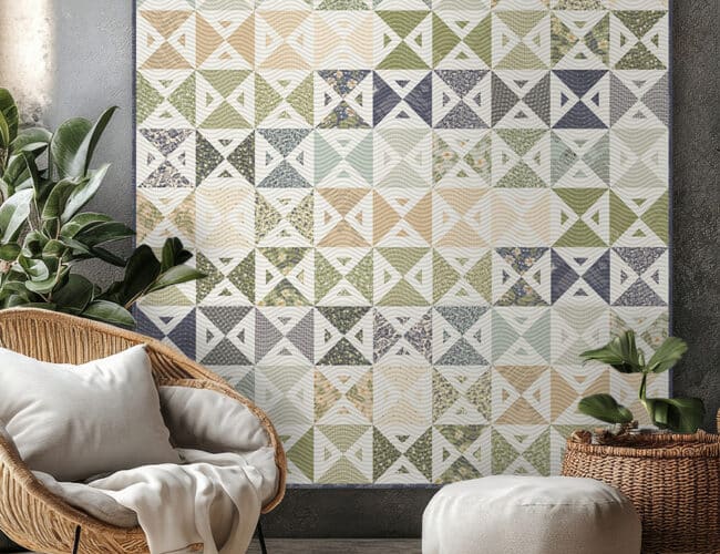 "Meet Cute" simple geometric triangle quilt In True Love fabric by Lella Boutique for Moda Fabrics. Make it with fat quarters, fat eighths, or scraps. Download the PDF here!