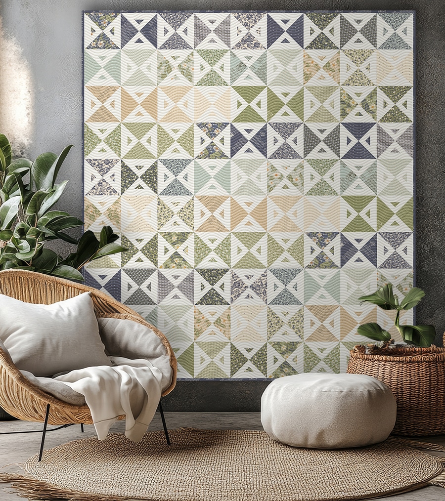 "Meet Cute" simple geometric triangle quilt In True Love fabric by Lella Boutique for Moda Fabrics. Make it with fat quarters, fat eighths, or scraps. Download the PDF here!