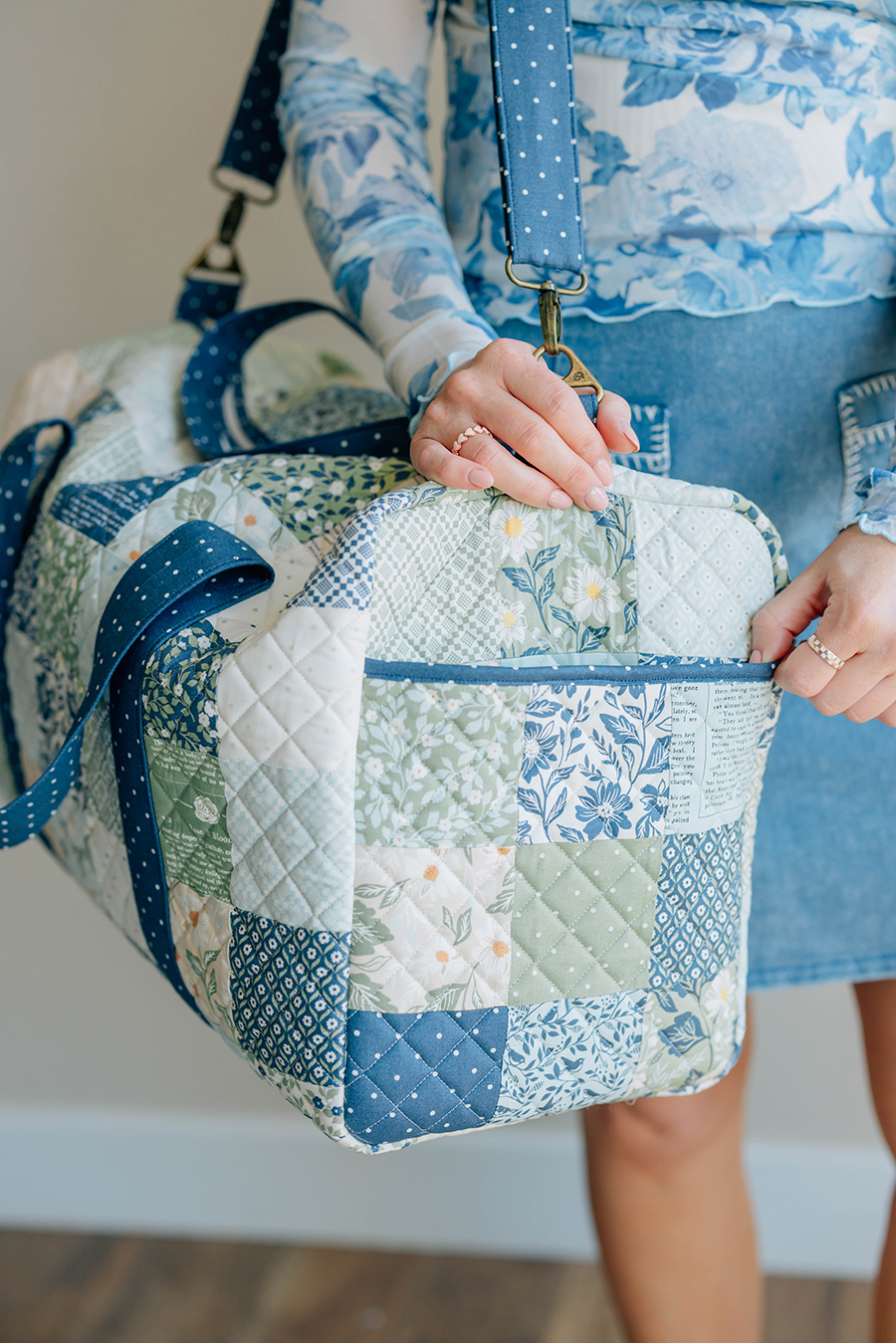 Patchwork Duffle bag pattern by Knot and Thread Design in True Love fabric by Lella Boutique for Moda Fabrics (May 2026).