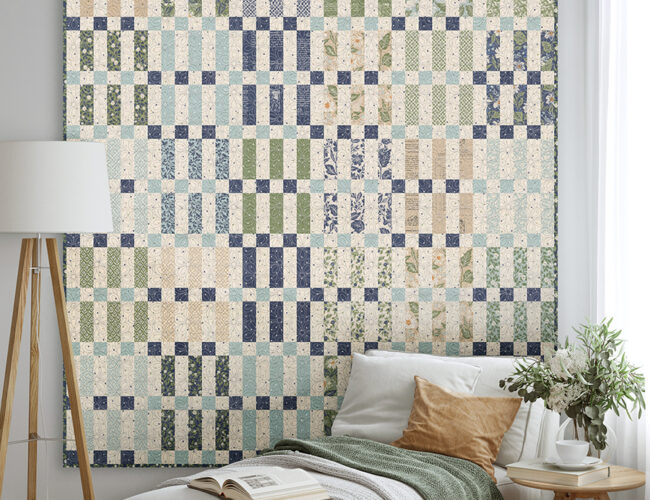 "Woven" basketweave quilt by Vanessa Goertzen. Jelly Roll friendly quilt that comes together like a dream with strip piecing. Fabric is True Love by Lella Boutique for Moda (May 2026).
