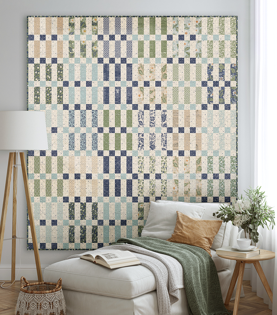 "Woven" basketweave quilt by Vanessa Goertzen. Jelly Roll friendly quilt that comes together like a dream with strip piecing. Fabric is True Love by Lella Boutique for Moda (May 2026).