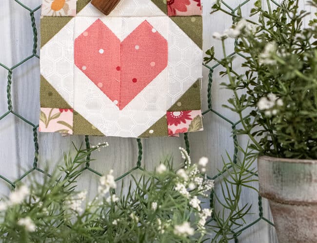 Sewcialites 3 - free block of the month by Fat Quarter Shop. Block 5 is "Little Love" by Vanessa Goertzen of Lella Boutique. Fabric is Wild Honey by Lella Boutique for Moda Fabrics. Download the free pattern here!