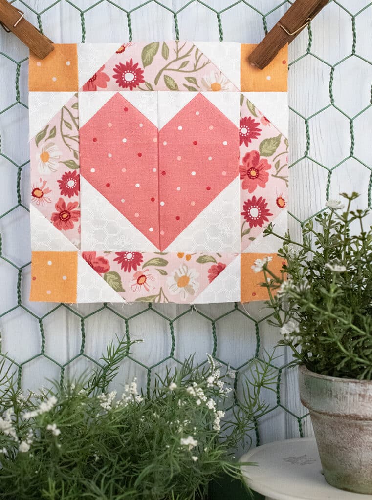 Sewcialites 3 - free block of the month by Fat Quarter Shop. Block 5 is "Little Love" by Vanessa Goertzen of Lella Boutique. Fabric is Wild Honey by Lella Boutique for Moda Fabrics. Download the free pattern here!