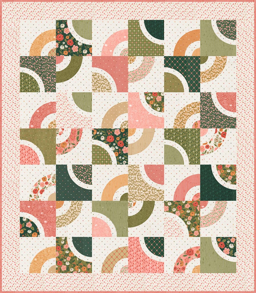 "Dishes" beginner curve quilt using the Circle Savvy Ruler and a Layer Cake. Fabric is Garden Glam by Lella Boutique for Moda Fabrics. Download the PDF here!
