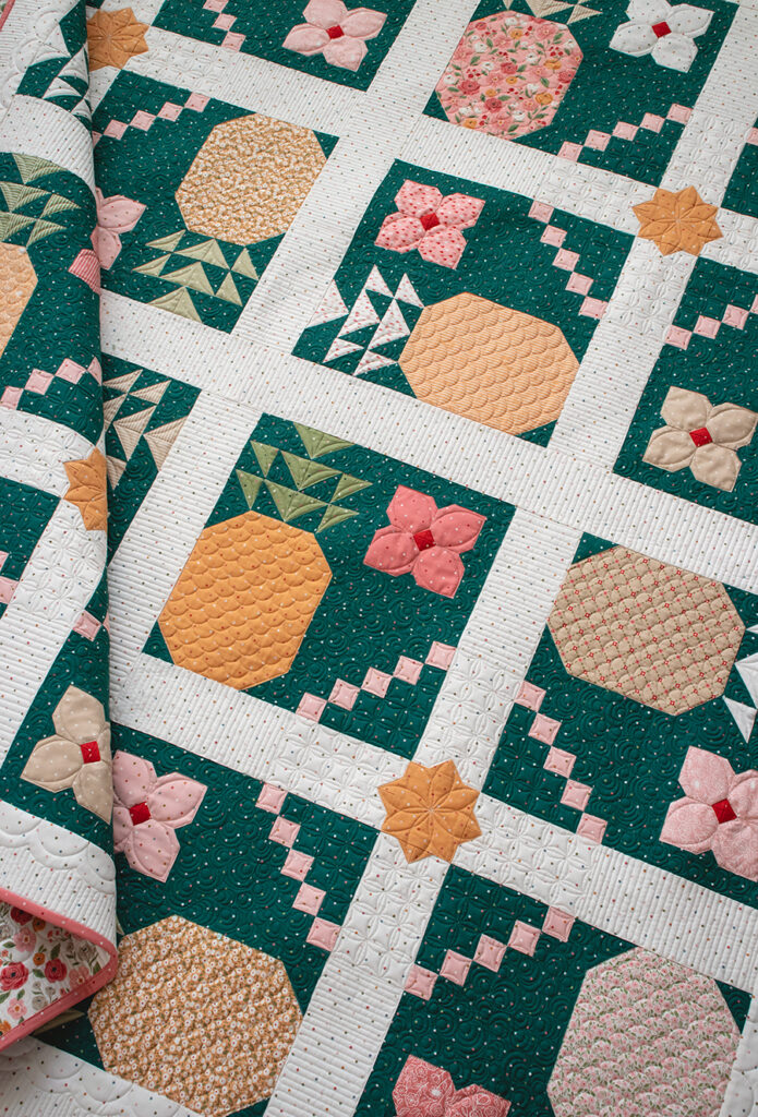 "Piña Colada" pineapple quilt in Garden Glam fabric by Lella Boutique. Download the PDF here.