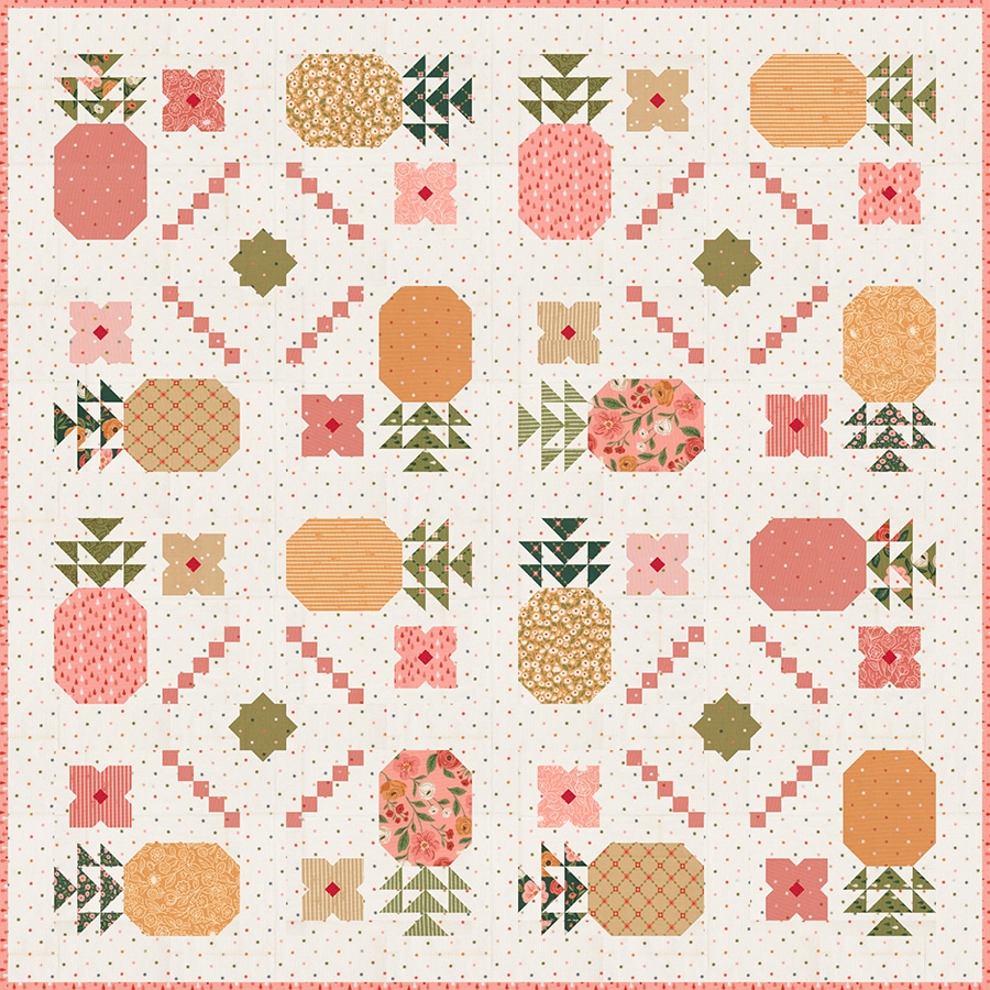 "Pina Colada" tropical pineaple and flower quilt by Vanessa Goertzen. Made with primarily fat eighths, fabric is Garden Glam by Lella Boutique for Moda Fabrics. Download the PDF here.