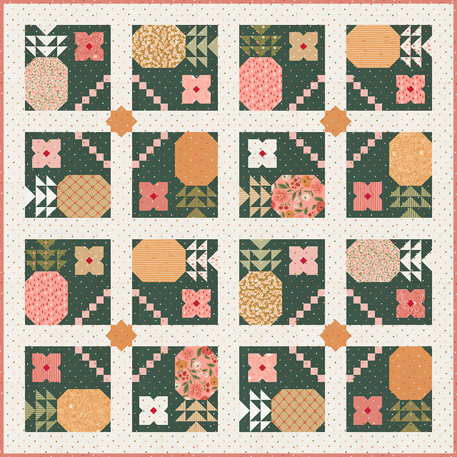 "Piña Colada" pineapple quilt in Garden Glam fabric by Lella Boutique. Download the PDF here.
